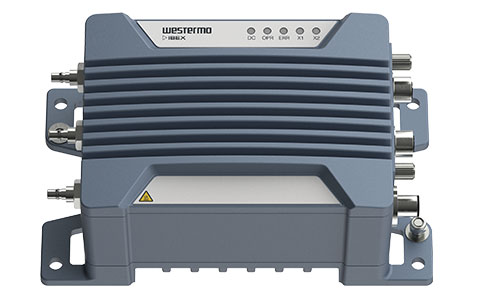 Front angle view of the Ibex-RT-330 EN 50155 Mobile LTE Router by Westermo.