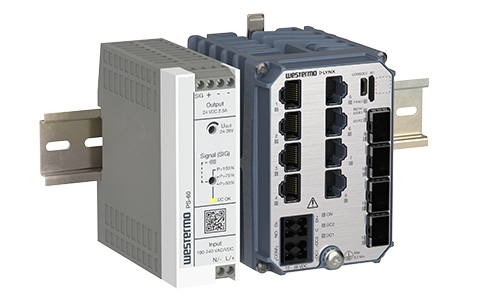 Left view of the Westermo PS-60 Power Supply and Lynx-5612 Substation Automation Ethernet Switch.