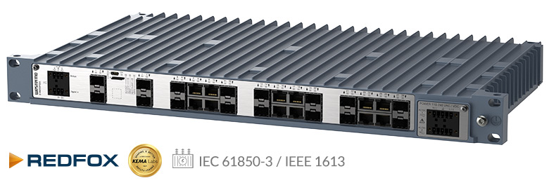 Westermo's Kema gold certified Redfox-5728 managed Ethernet substation switch.